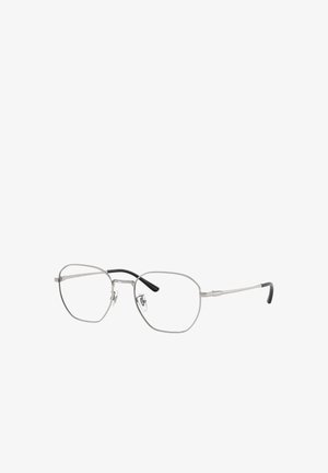 Occhiali da vista in metallo argento con montatura ottagonale, estremità delle aste nere, naselli regolabili e lenti trasparenti. Design sottile ed elegante in tutto.