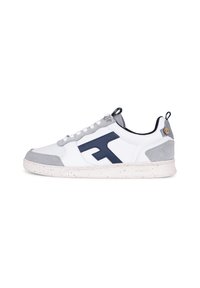White sneaker with gray and navy accents. Features a smooth leather upper, perforated texture, and a speckled rubber sole.