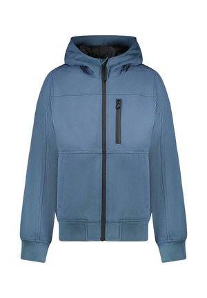 Blauwe gewatteerde jas met capuchon gemaakt van gestructureerde stof, voorzien van een ritssluiting aan de voorkant, zwarte accenten en twee zijzakken.