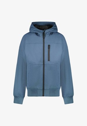 Blauwe gewatteerde jas met capuchon gemaakt van gestructureerde stof, voorzien van een ritssluiting aan de voorkant, zwarte accenten en twee zijzakken.