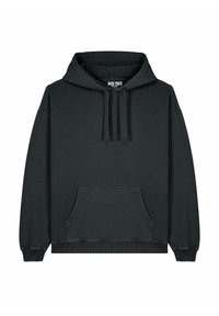 Felpa nera con cappuccio, tasca a marsupio frontale, polsini e orlo a costine. Realizzata in materiale morbido, con una finitura leggermente strutturata.