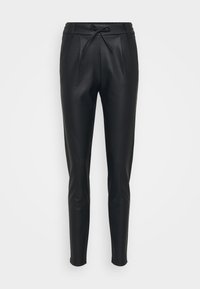 Pantalons noirs ajustés en matériau lisse et brillant, avec une taille élastique et un cordon de serrage. Présentent des plis à l'avant et des jambes effilées.