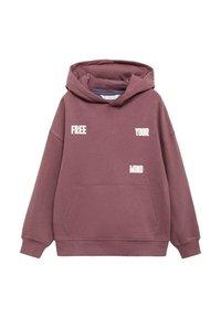 Felpa oversize color bordeaux con tasca frontale, caratterizzata da un testo bianco che recita "LIBERA LA TUA MENTE" in un font informale.