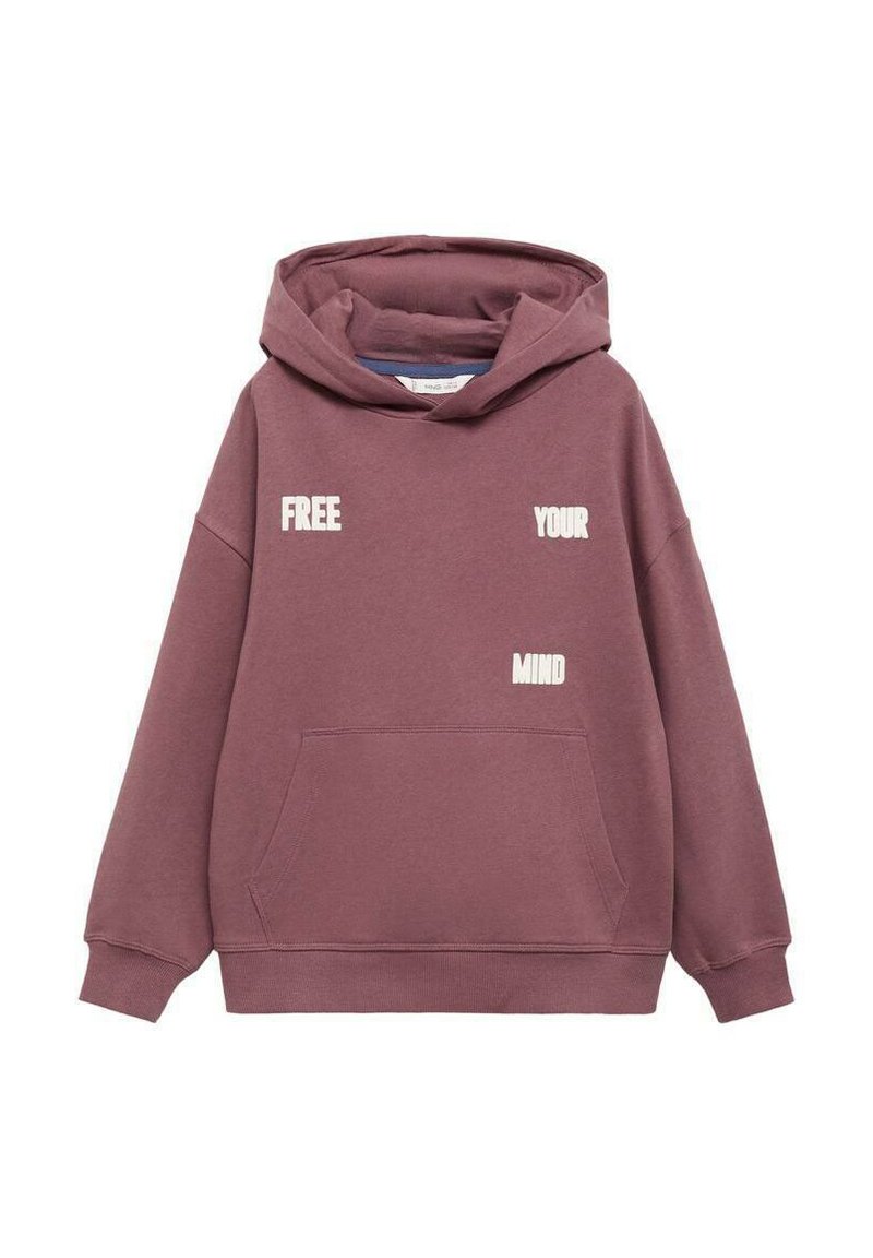 Felpa oversize color bordeaux con tasca frontale, caratterizzata da un testo bianco che recita "LIBERA LA TUA MENTE" in un font informale.