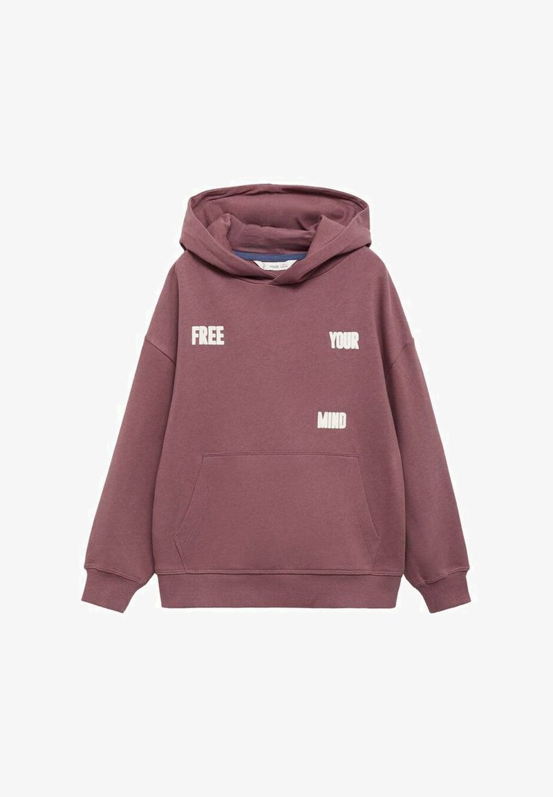 Felpa oversize color bordeaux con tasca frontale, caratterizzata da un testo bianco che recita "LIBERA LA TUA MENTE" in un font informale.