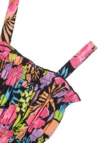 Abito floreale colorato con motivi vivaci in rosa, verde e nero, dotato di corpetto arricciato e spalline regolabili. Tessuto morbido al tatto.
