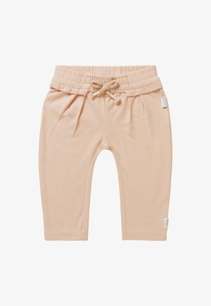 Lichtroze katoenen peuterbroek met een elastische tailleband en een trekkoord. Voorzien van voorvouwen en een klein logo-label aan de zijkant.