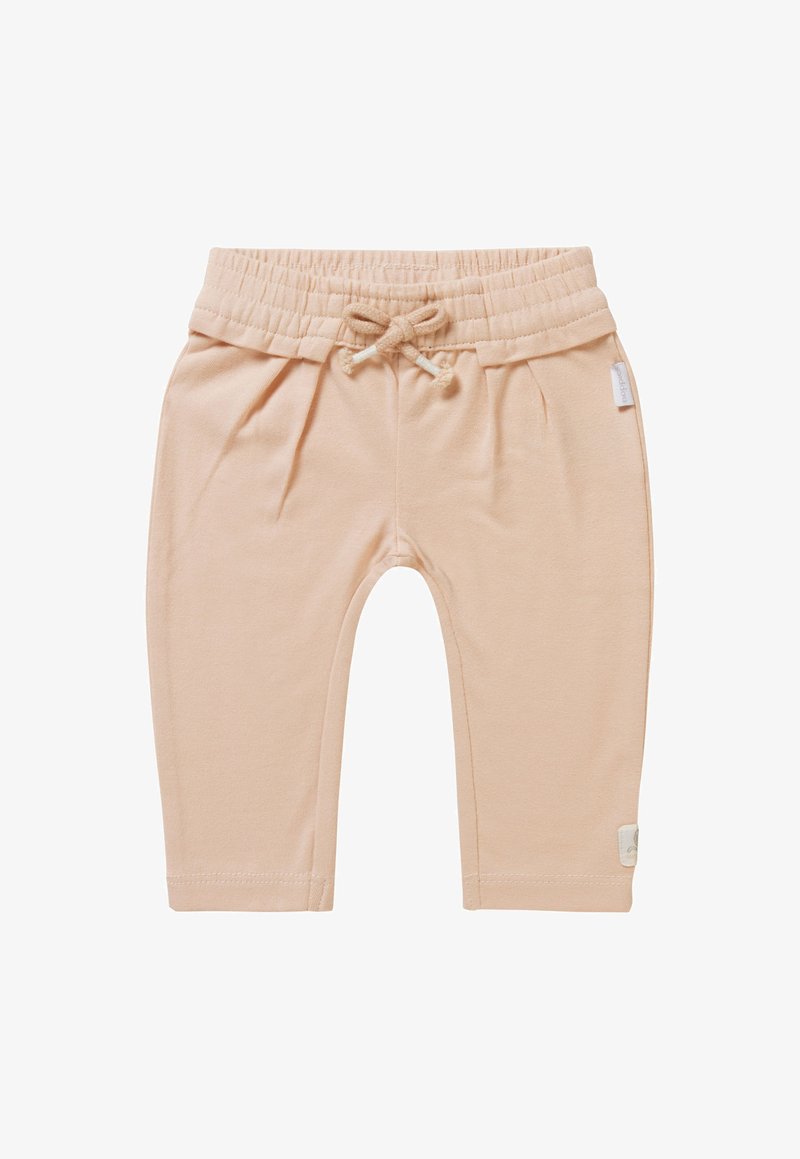Lichtroze katoenen peuterbroek met een elastische tailleband en een trekkoord. Voorzien van voorvouwen en een klein logo-label aan de zijkant.