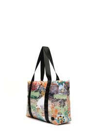 Tote bag met een multicolor graffiti-print, gemaakt van duurzaam materiaal, met zwarte handvatten en een rechthoekige vorm.