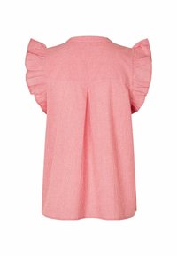 Top a righe rosse con maniche corte arricciate e vestibilità morbida. Caratterizzato da una piega sul retro, scollatura tonda e tessuto morbido e testurizzato.