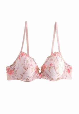 Világos rózsaszín melltartó virágos hímzéssel, állítható pántokkal, merevítős kosarakkal és kis masni díszítéssel az elülső középen.