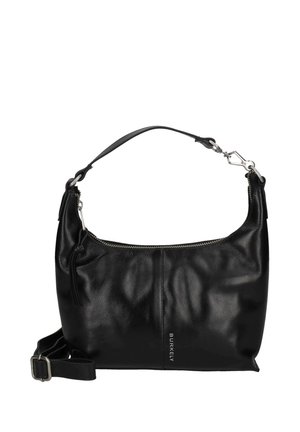 Sac à main en cuir noir avec une bandoulière simple, fermeture éclair, et une sangle réglable en bandoulière, marqué "BURKELY" à l'avant.
