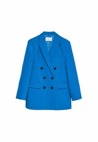 Blue double-breasted blazer made of smooth fabric with two front pockets, six brown buttons, and a notched lapel.