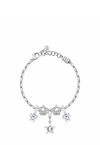 Bracciale in argento con ciondoli a stella e a cuore, adornato con cristalli trasparenti. Design a maglie con chiusura a gancio e lunghezza regolabile.