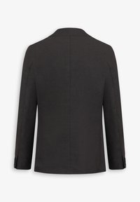 Sort, let blazer med et struktureret stof, enkelt slids, notch-lapel og to knapmanchetter. Ren ryg uden lommer eller udsmykninger.