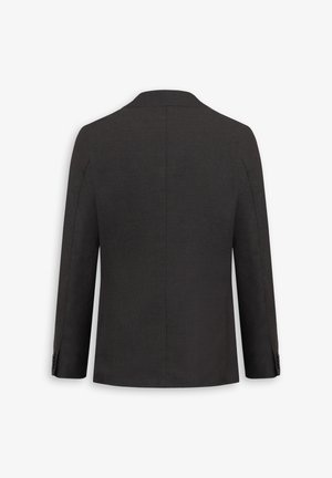 Sacou negru, ușor, dintr-un material texturat, cu deschidere pe spate, rever în colț, și manșete cu două nasturi. Spatele este curat, fără buzunare sau decorații.