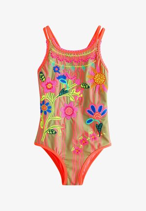 Ühes tükis ujumistrikoo neoonoranži äärisega, millel on tikitud eredate lillede ja lehtedega beežil taustal roosade laineliste triipudega.