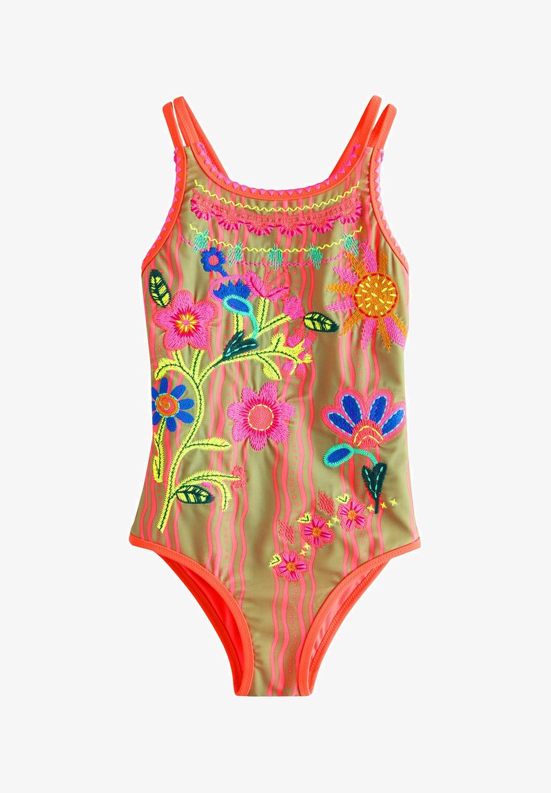 Ühes tükis ujumistrikoo neoonoranži äärisega, millel on tikitud eredate lillede ja lehtedega beežil taustal roosade laineliste triipudega.