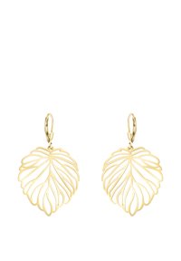 Guldörhängen i form av hoop med bladformad utskärning. Har ett intrikat mönster, lätt material och polerad yta.