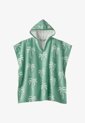 Terry cloth poncho in green with white palm tree pattern. Features a hood and a V-neck design, with short sleeves and a soft texture.