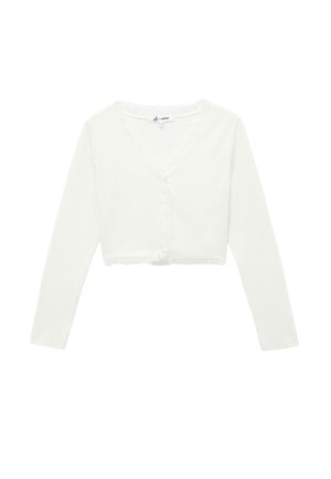 Cardigan blanc court avec manches longues, texture côtelée, col en V, fermeture à boutons, et dentelle le long de l'encolure et de l' ourlet.