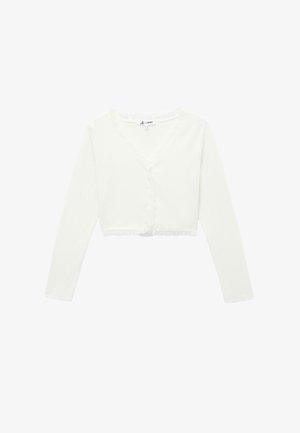 Biały krótki kardigan z długimi rękawami, żebrowana tekstura, dekolt w kształcie litery V, zapięcie na guziki oraz koronkowe wykończenie wzdłuż dekoltu i hemu.