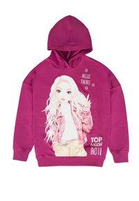 Magenta hoodie with a front graphic of a girl with long, light hair. Features a kangaroo pocket, long sleeves, and a drawstring hood.