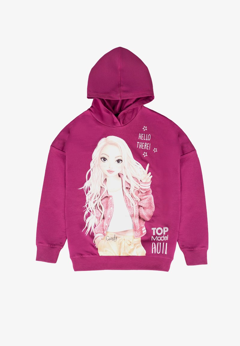 Magenta hoodie with a front graphic of a girl with long, light hair. Features a kangaroo pocket, long sleeves, and a drawstring hood.