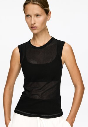 Black sleeveless top with a sheer mesh design and round neckline, featuring textured fabric and fitted silhouette.