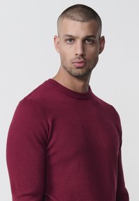 Burgunderfarbener Strickpullover mit strukturiertem Muster, Rundhalsausschnitt und gerippten Bündchen, präsentiert an einem Modell mit kurzem Haar vor einem weißen Hintergrund.