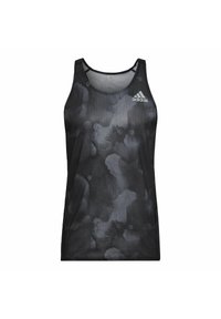 Débardeur sportif noir avec un motif gris abstrait texturé. Il présente un col rond et le logo Adidas sur le côté supérieur gauche.