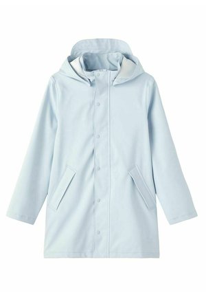 Jasnoniebieski wodoodporny płaszcz przeciwdeszczowy z kapturem, z zatrzaskami, dwoma przednimi kieszeniami, gładką fakturą i długimi rękawami. Prosty, nowoczesny design.