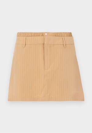 Tan mini skirt with a pinstripe pattern, elastic waistband, and front pockets. Smooth texture, tailored design with subtle stitching details.