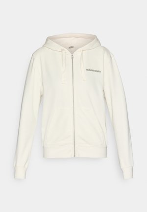 Cremefarbener Kapuzenpullover mit Reißverschluss, Kapuze, zwei Fronttaschen und gerippten Bündchen. Auf der linken Brust befindet sich das graue "BJÖRN BORG"-Logo. Weicher Stoff.