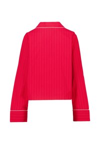 Punainen lyhyt takki pitkillä hihoilla, joissa on pystysuorat raidat ja valkoinen reunus kauluksessa ja hihansuissa. Sileä kangas.