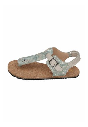 Children’s sandal with cork sole, light green floral-patterned straps, and adjustable buckle on ankle and toe loop.