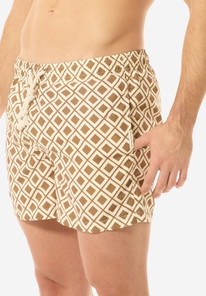 Costumi da bagno a fantasia marrone e crema con un design a diamante, dotati di vita elasticizzata e coulisse regolabile.