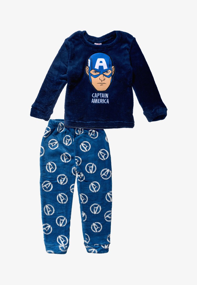 Pyjama en polaire bleu foncé pour enfants, à l’effigie de Captain America, avec un haut à manches longues présentant le visage du personnage et un pantalon assorti imprimé.