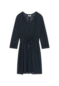 Marineblaues Kleid mit Dreiviertelärmeln, Rüsche am Kragen, Bindegürtel in der Taille und strukturiertem Blattmuster auf der gesamten Fläche.