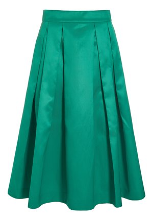 Green pleated skirt made of smooth fabric, featuring a fitted waistband and A-line shape, with clean lines and a knee-length hem.