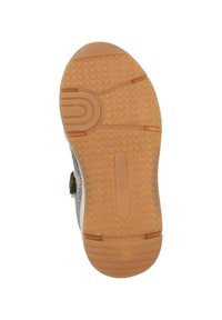 Multicolored sneakerzool met een gestructureerd patroon; gemaakt van rubber met een rubberen zool in een gumkleur, met een gebogen ontwerp en logo-detail.