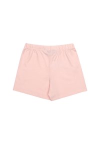 Pink cotton shorts with an elastic waistband, featuring a simple design and smooth texture. No patterns or additional accents noted.