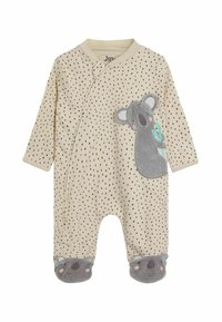 Monos bebé color beige con un patrón de puntos negros, que presenta un aplique de koala gris y un suave detalle en los pies que recuerda las caras de koala. Manga larga.