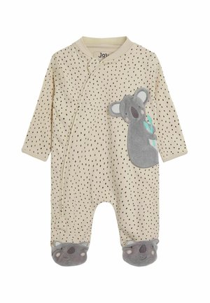 Beige Baby-Strampler mit schwarzem Punktemuster, versehen mit einer grauen Koala-Applikation und weichen Fußteil-Dekoren, die wie Koalagesichter aussehen. Mit langen Ärmeln.