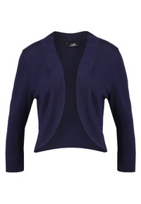 Laivastonsininen lyhyt, avoin neulejakku, jossa on kolme neljänneksen hihaa ja kaareva helma, valmistettu pehmeästä neuloskankaasta.