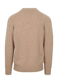 Beige gebreide trui met een ronde halslijn, ribbelmanchetten en onderrand, en een gladde textuur. De achterkant heeft een naadloos ontwerp.