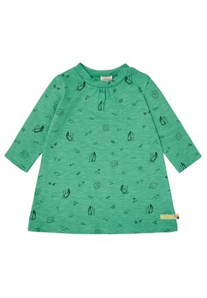 Grünes langärmeliges Kleid mit Rundhalsausschnitt, verziert mit einem Muster aus Tieren und Pflanzen in Dunkelgrün. Hergestellt aus einem weichen, strukturierten Stoff.