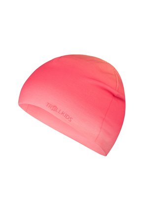 Pink gradient beanie hat with subtle "Trollkids" logo printed on the front, designed for children.