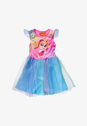 Różowa i niebieska sukienka dla dzieci z tiulową spódnicą. Na gorsecie nadruk postaci, a rękawy są delikatne i bufiaste. Na spódnicy mieniące się kropki.