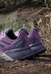 Par lilla og grå Adidas Terrex trail løbesko hvilende på jord med græs og sten i baggrunden.